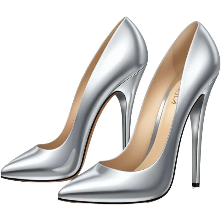 A pair of high heel shoes emoji made of polished silver chrome, elegant sharp silhouette, smooth metallic surface, glossy reflections, luxury sexy vibe, minimalistic iOS emoji style, centered, clean white background emoji
