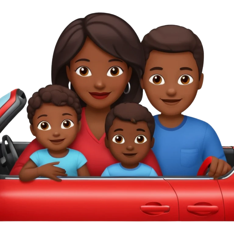 a single Dark Skin mom with two children, one young boy and a baby girl in a car red emoji