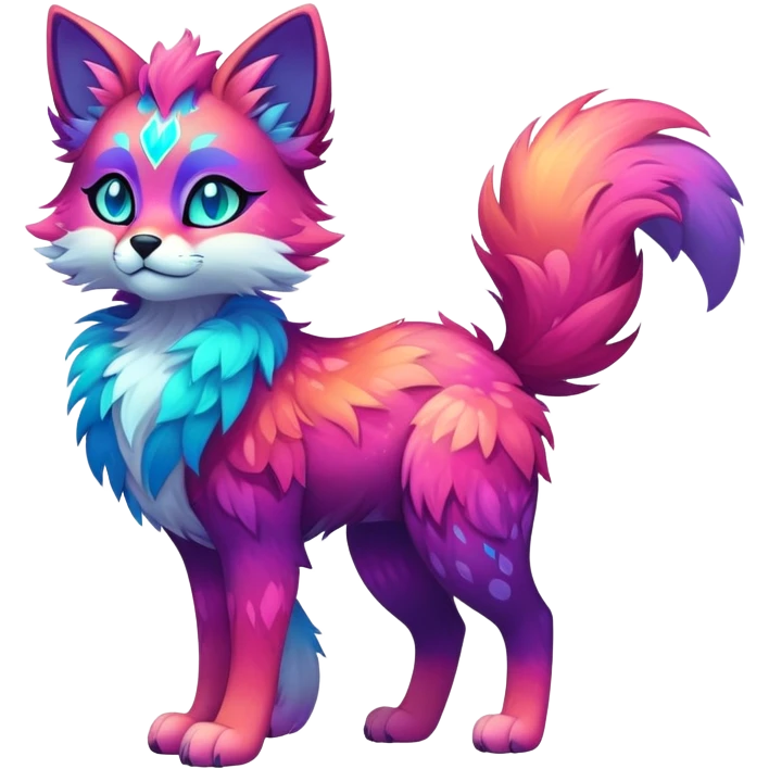 Vibrant multicolored neon-colored Falvie-Fionbri-creature-sparkle-feline-canine-hybrid-fursona, full body, fur pattern-markings emoji