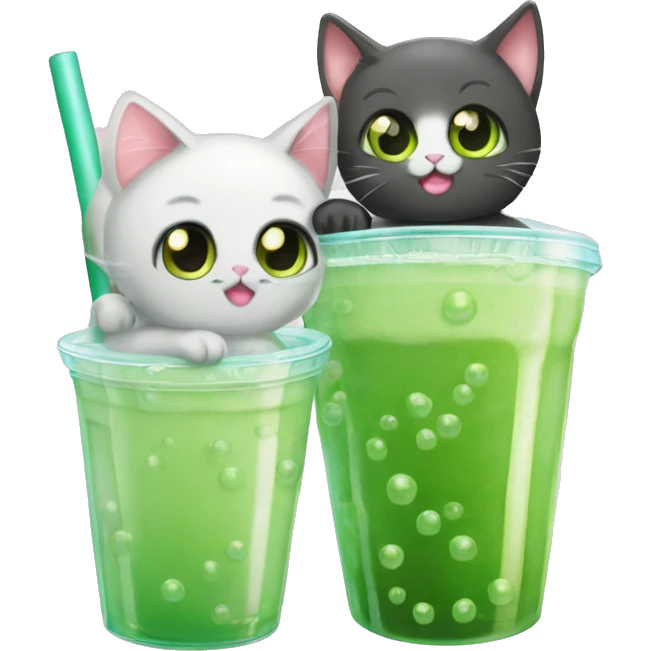 Bubble tea cat couple, miliky , green bubbles emoji