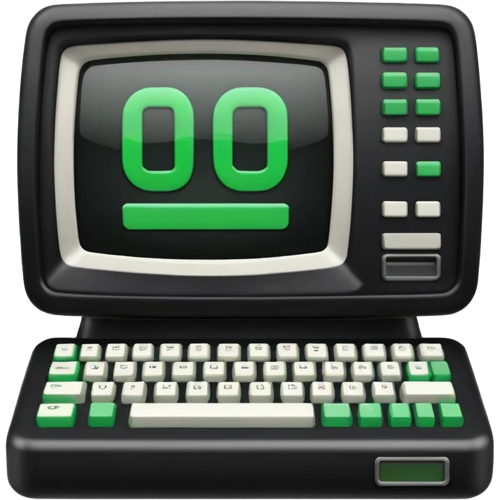 mac os icon code computer retro terminal, black, green white, numbers on the screen emoji