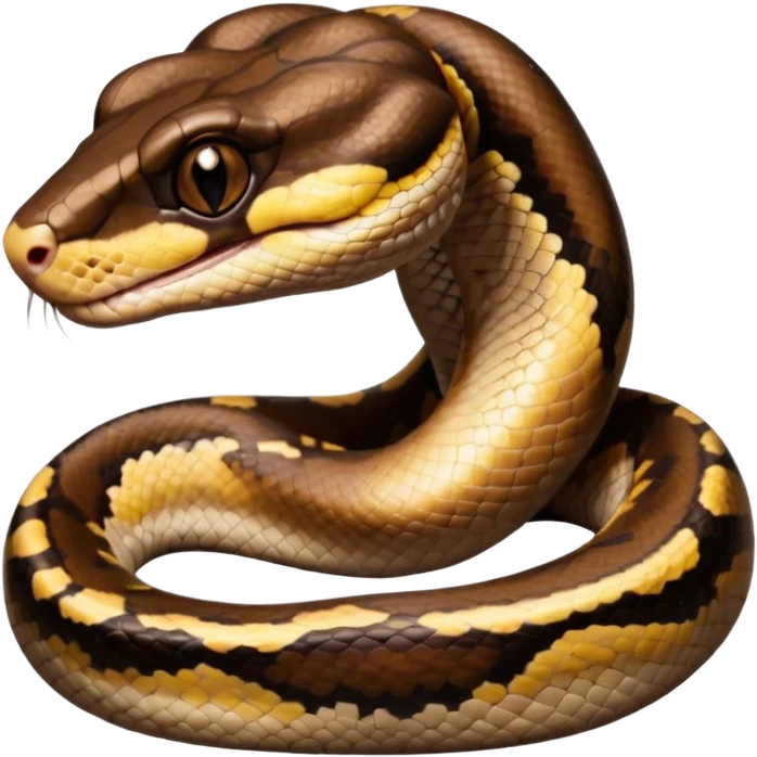A photo-realistic digital illustration of a Ball Python, large headshot portrait. The snake has a short, rounded snout, smooth contours, and a calm, curious expression. Its head is warm brown with bold, irregular dark markings, including the signature “alien-head” pattern.  emoji