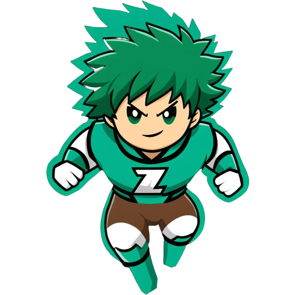 Izuku Midoriya (Deku) from My Hero Academia using One For All power with green lightning emoji