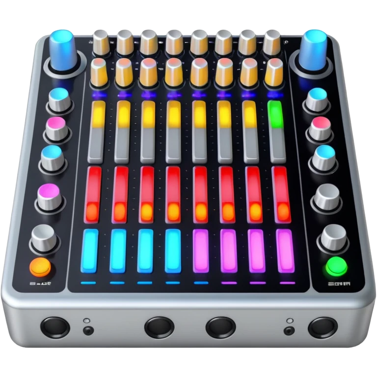 The long DJ mixer features faders, EQ knobs and multi-colored LEDs. emoji