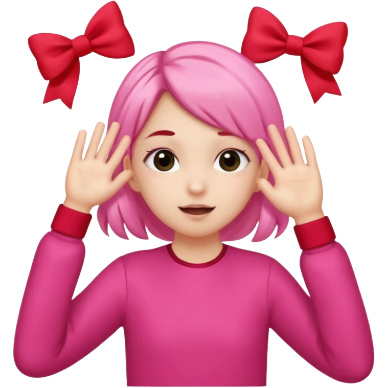 👧🏼🙈🎀🚩: girl with 2 ponytails covering her eyes with both hands, with a cute little pink bow on the side of her hair and below her in the background, 2 big red flags.  emoji