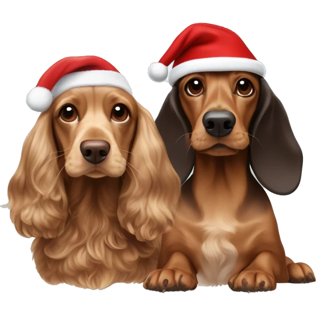 beige cocker spaniel and dark brown dachshund both wearing christmas hats emoji
