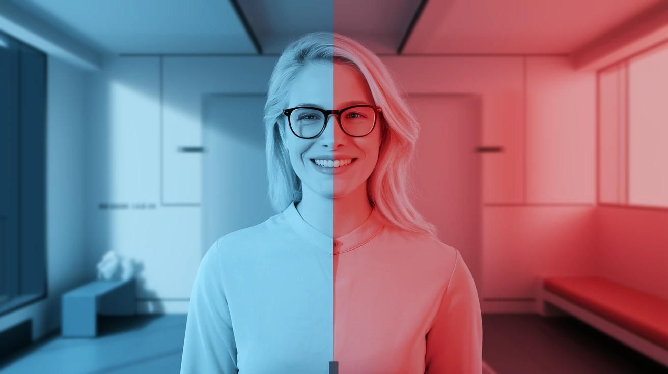 Cinematic still, Proffesional advertising of a smiling european white woman with glasses smiling, minimalistic ophthalmologist interior in background, leading  lines, "rule of thirds", 60/30/10 colors, soft light, blue and red emoji