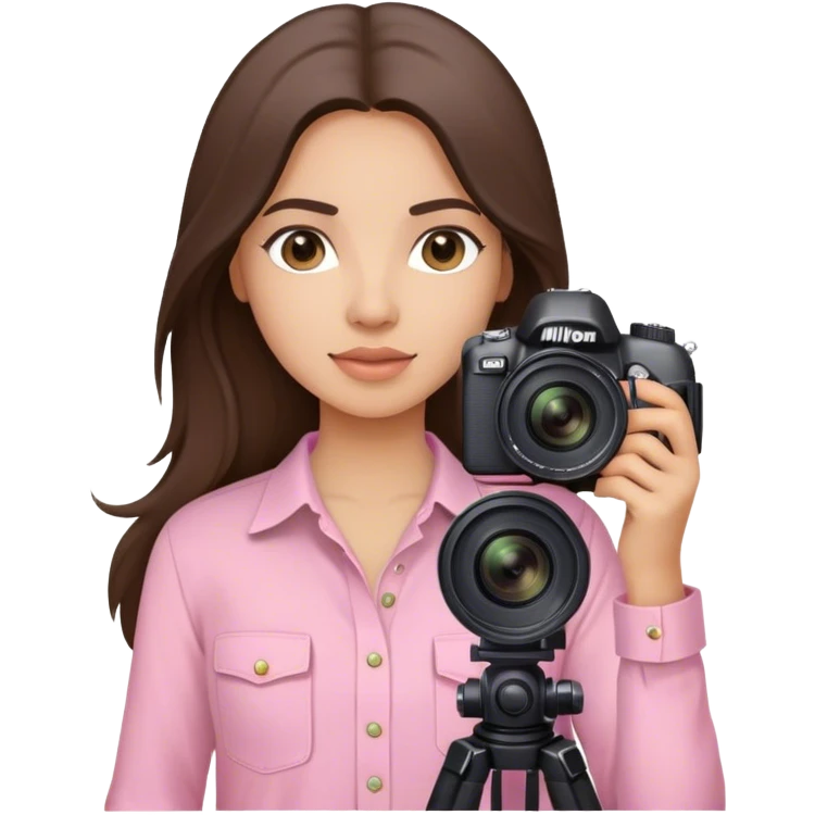 latin girl photographer with long brunette hair light pink shirt and nikon camera emoji