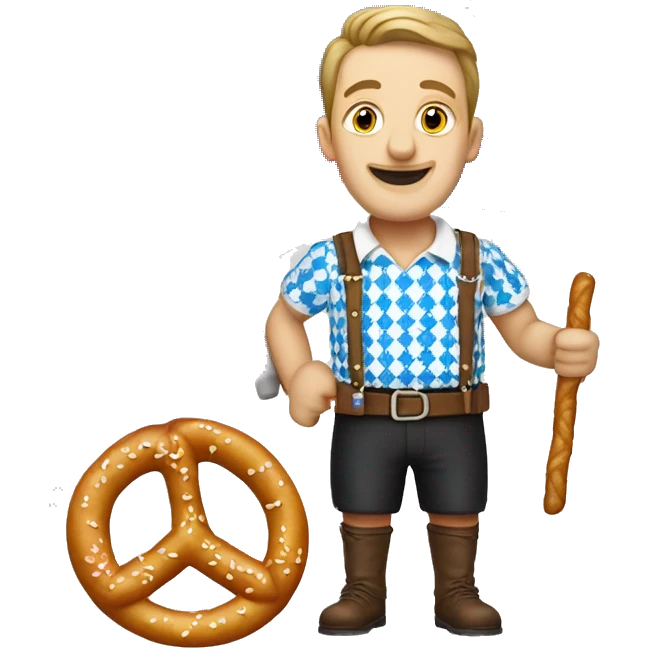 Create an emoji with a Bavarian Flag, blue and white colours, a "Lederhose" and a pretzel. emoji