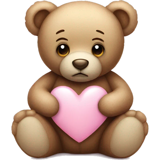Teddy bear with sad eyes holding a pastel pink heart emoji