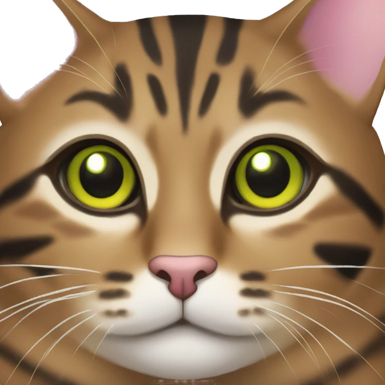 brown tabby cat with black stripes and yellow-green eyes and pink nose and white mouth emoji