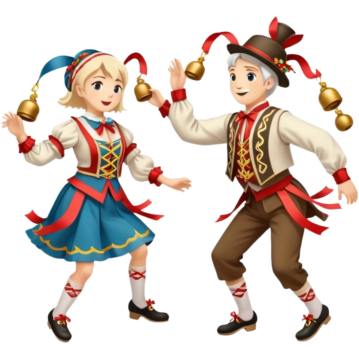 Cinematic Realistic scene of two performers executing a Morris Dance in full traditional costume—with bells, ribbons, and clogs—captured in dynamic motion against a rustic English backdrop and warm, golden lighting emoji
