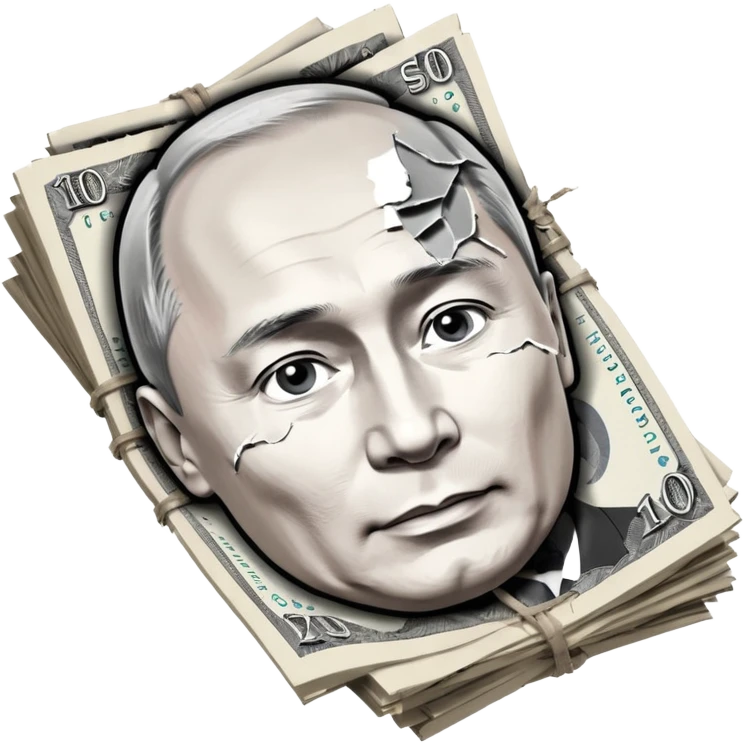 single stack of russian ruble notes with Vladmir Putin's picture on them blown into pieces because of explosion emoji