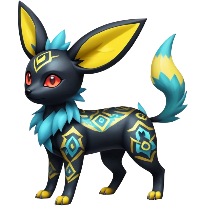 Shiny Exotic Badass Colorful Ethereal Royal Mysterious Gothic Umbreon-Jolteon-Litten-Noibat-Pokémon-Fakémon-hybrid-creature (full body) with pattern-markings emoji