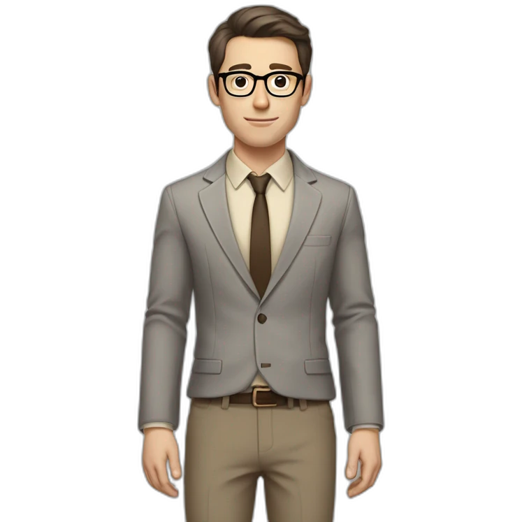 Full height Pale skinned fit man with dark brown hair in gray jacket, beige office shirt, brown tie, brown pants and vintage glasses. His right hand stretched out emoji