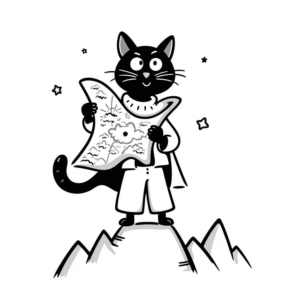 Adventurous cat explorer holding a map, standing on mountain ridge with stars in background, light clothing and cape blowing in wind, looking into the distance emoji