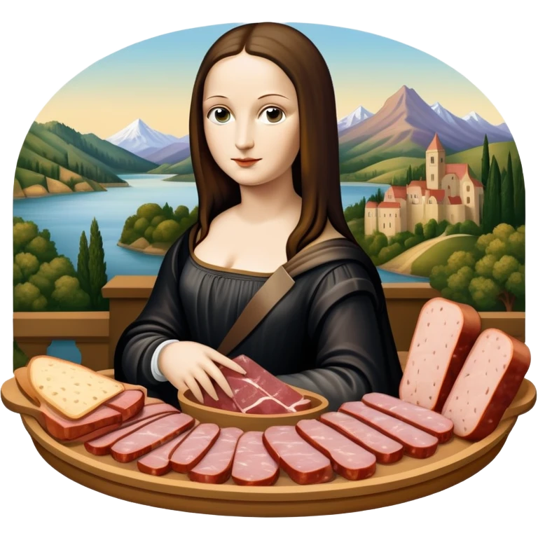  mona lisa with SPAM MEAT charcuterie tray renaissance landscape emoji