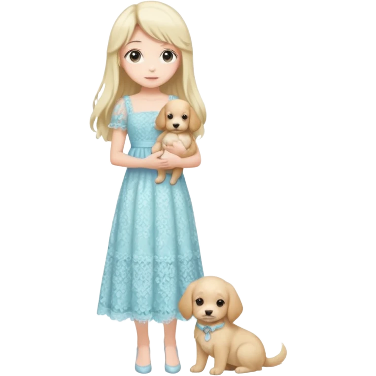 Pastel anime lady long hair with long lace dress full body holding puppy emoji