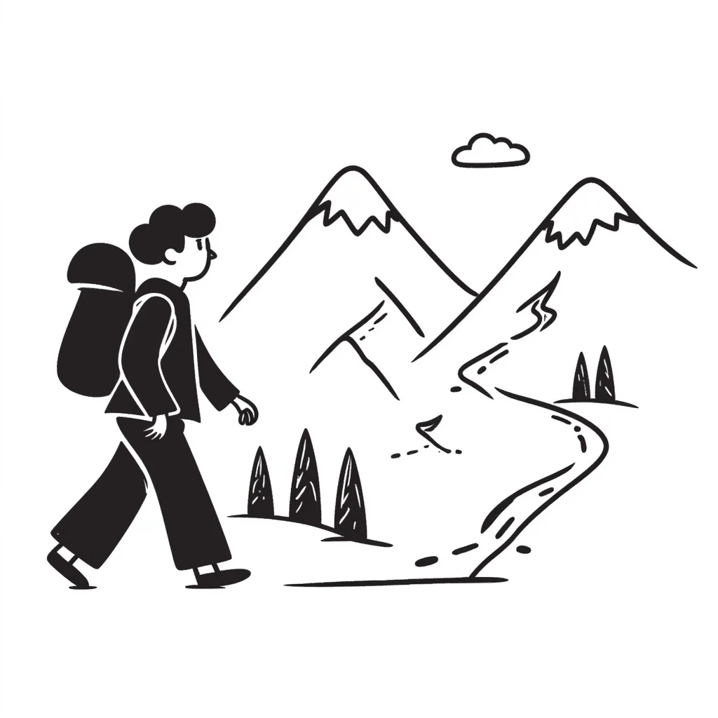person hiking down one mountain and then climbing up another mountain, showing mountain valley between emoji