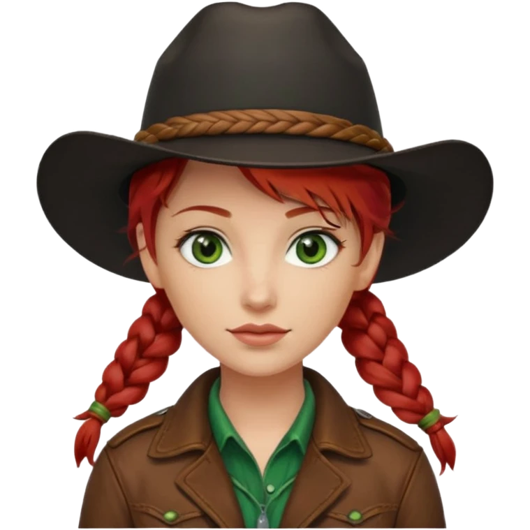 cowgirl with red hair green eyes black hat one braid in hair over right shoulder emoji