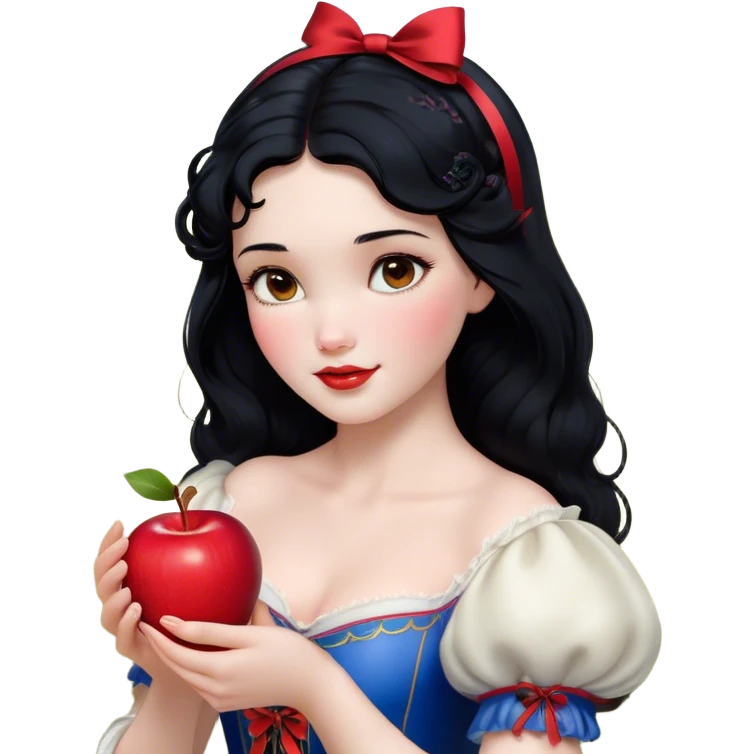Cinematic Realistic Snow White Portrait, depicted with lifelike skin texture, soft natural lighting, and intricately detailed black hair styled with a red ribbon. Her soft brown eyes radiate innocence and kindness, complemented by a warm, gentle smile. She holds an apple in one hand, her other hand resting against her cheek, embodying her purity and charm. She is dressed in her classic yellow, blue, and red gown, the fabric rich in texture with delicate folds that catch the light beautifully. The portrait features a soft, natural glow with a radiant finish, capturing the essence of timeless beauty in a realistic and painterly style. emoji