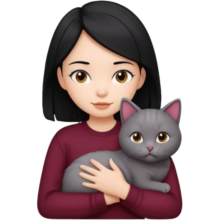 adorable girl with straight black hair, maroon shirt, carrying a cat emoji