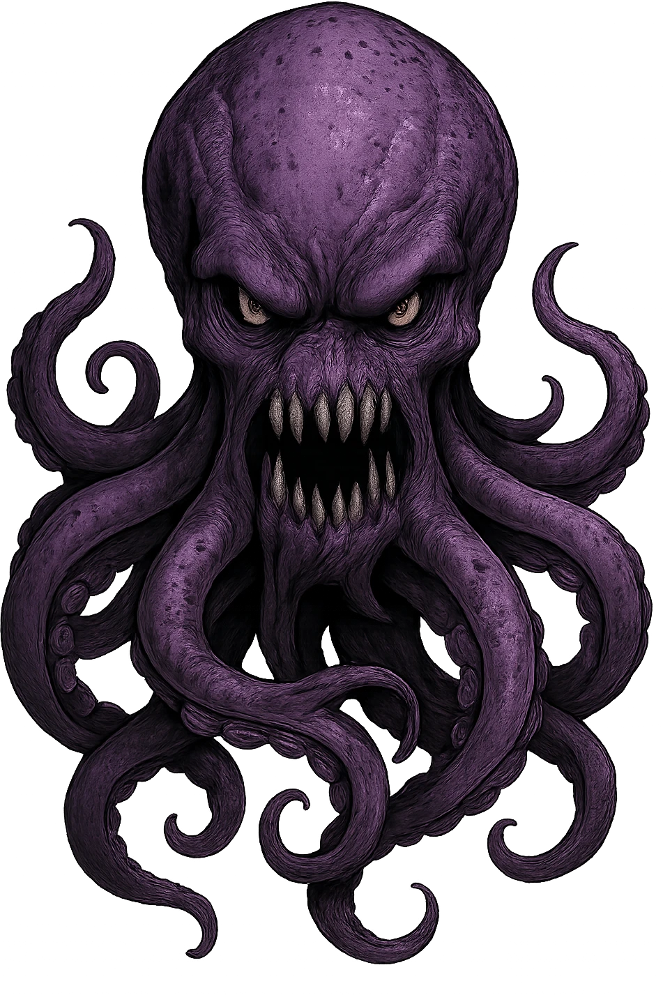Remove the nose, make the octopus look scary, keep the purple color, with no background. Maintain the original style and details of the octopus while making it look scary and purple. emoji