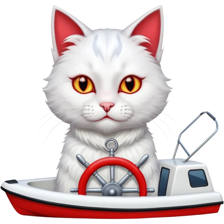 a devlish looking kitty cat at the helm of a catamaran driving it emoji