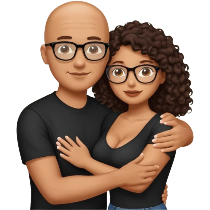 A picture of an embracing tanned couple. the man is a Mexican man with tanned skin, with a bald hair cut, and wearing a black shirt. the woman is mixed, glasses,  with long curly dark brown hair and with big boobs emoji