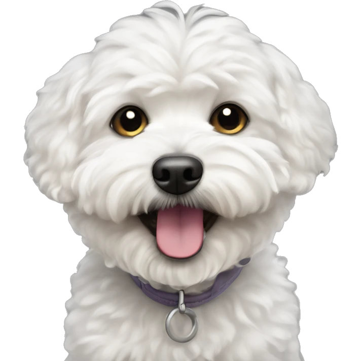 White Maltipoo dog that is smiling and you can see one snaggle tooth on the bottom part of the mouth hanging out  emoji
