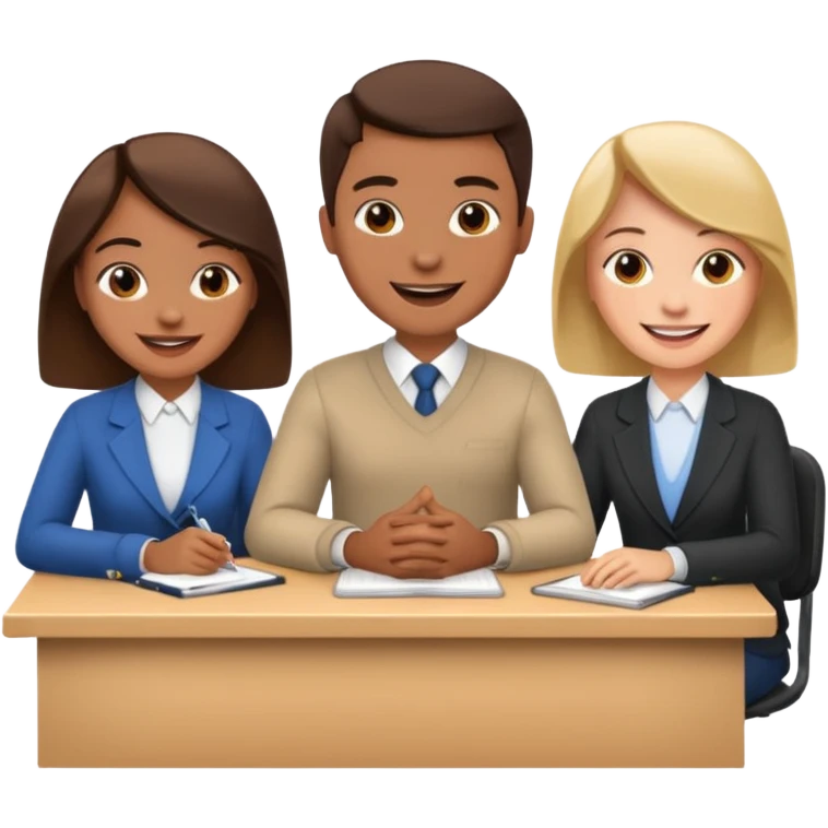 3 personas paradas. conversando sentadas cada una en su escritorio emoji
