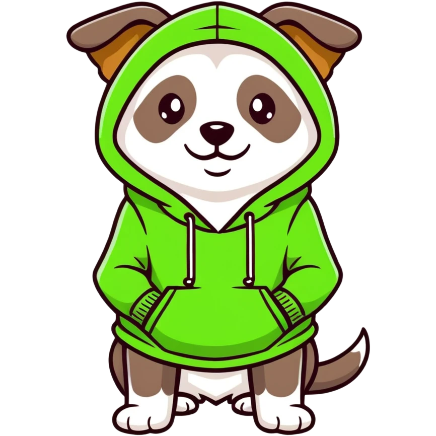 Dog wearing a bright green hoody emoji