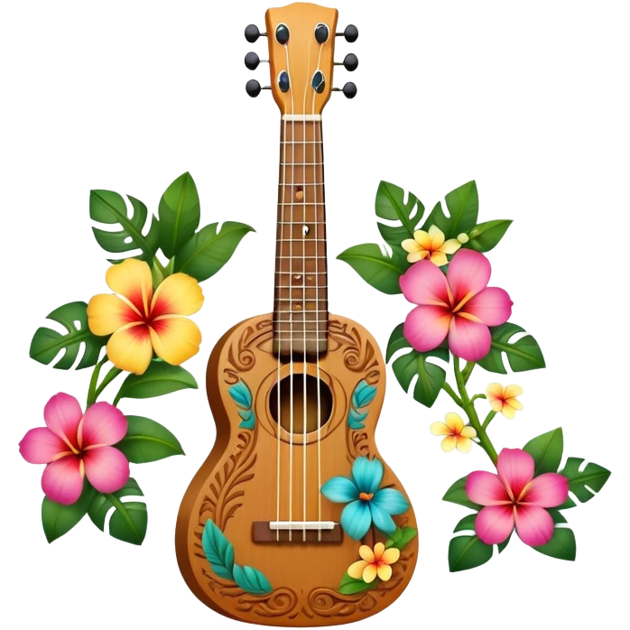 Ukulele with Polynesian carvings with flowers behind it emoji