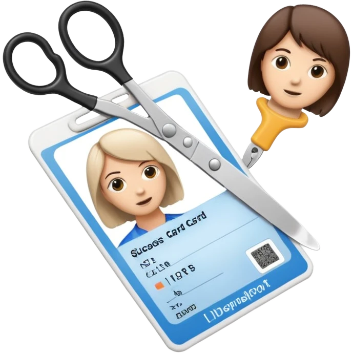 Scissors cutting ID card in 2 parts. Realistic emoji
