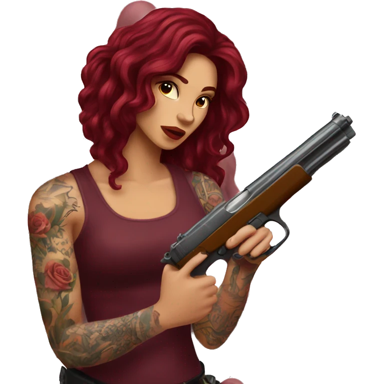 Beautiful tattooed burgundy long haired woman shooting a gun emoji