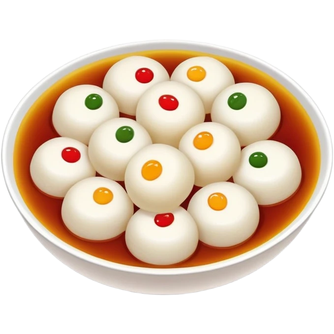 Shanghai Tangyuan sticky rice balls with colorful fillings in syrup, simplified emoji style with bold outlines and bright colors, cartoon style sweet Chinese dessert emoji