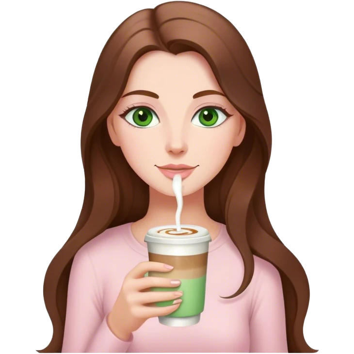 pretty woman with very long brown hair and green eyes and light pink outfit drinking a latte emoji