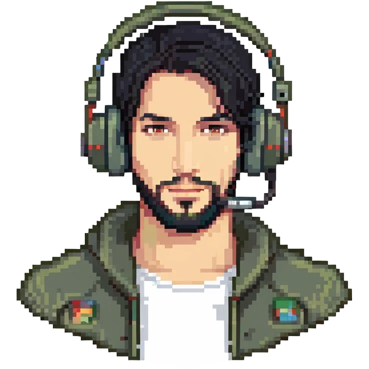 laughing man with black hair, brown eyes, black beard wearing gaming headset emoji