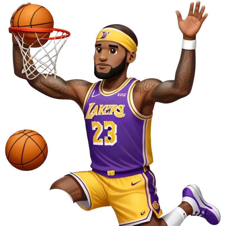 Basketball player LeBron James with headband, Lakers jersey #23, dunking emoji