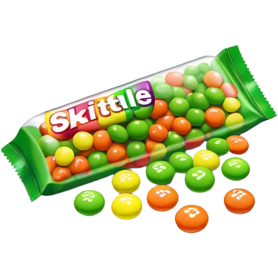 Colorful Skittles package with green candies scattered around it emoji