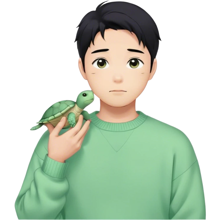 Gorgeous pastel green sweater black hair anime style shojo guy with blushing face and, turtle, aesthetic, young adult, trending style outside  emoji