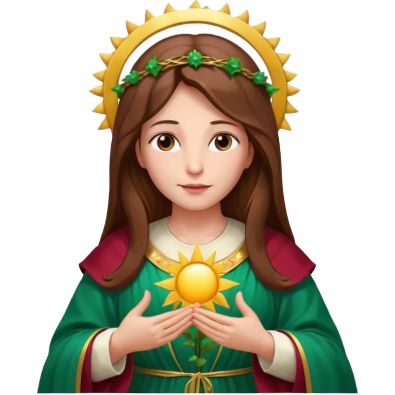 Virgin Mary with a gentle expression, looking down left, long brown hair, emerald green robe with gold stars, burgundy dress, hands in blessing gesture, halo, big sun behind, roses on both sides emoji