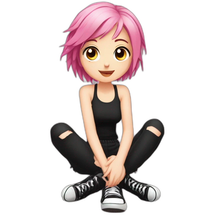 Full body Front view curvy emo girl pink hair sits on the floor straight view hands up black skirt белые трусики полосатые рваные чулки emoji