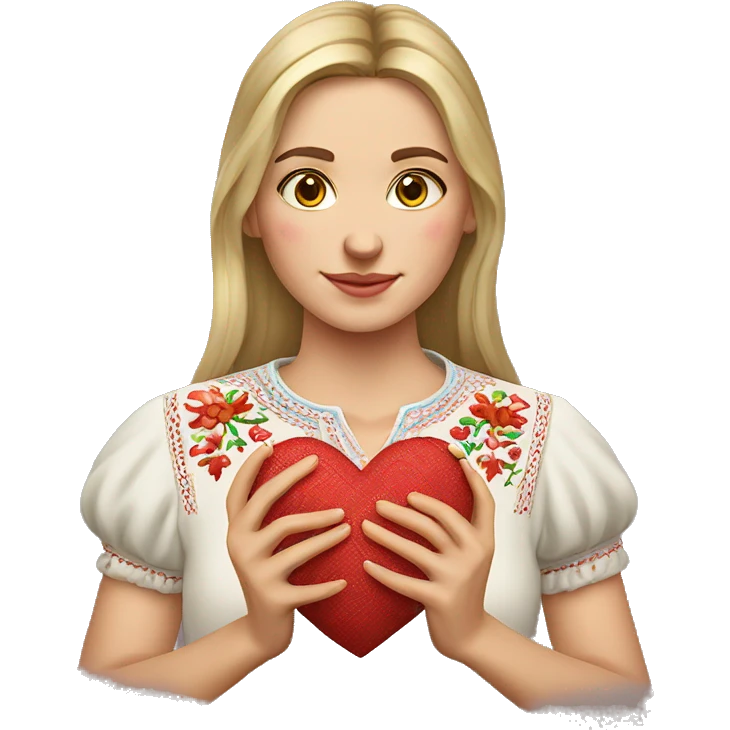 A Ukrainian woman in an embroidered shirt holds a heart in her hands emoji