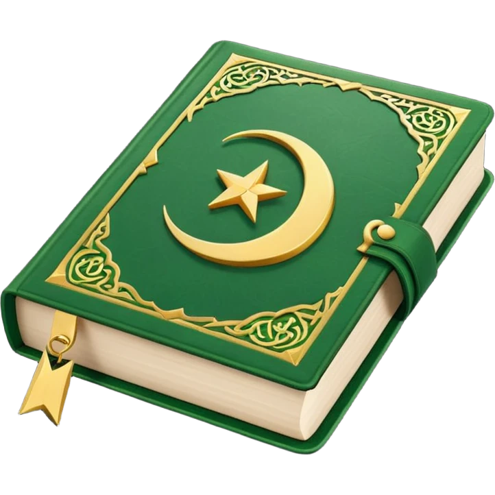Closed Quran with the Islamic Symbol on it (moon and star) green from left to right emoji