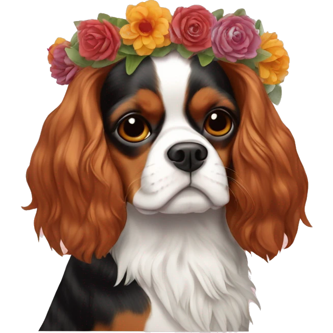 Give a flower crown to a cavalier king charles like frida kahlo emoji