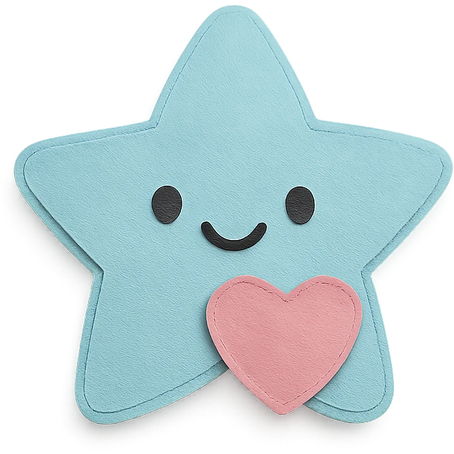 Smiling pastel blue star clutching a small pastel heart, no arms or legs, full body, transparent background, in kawaii paper craft style. emoji