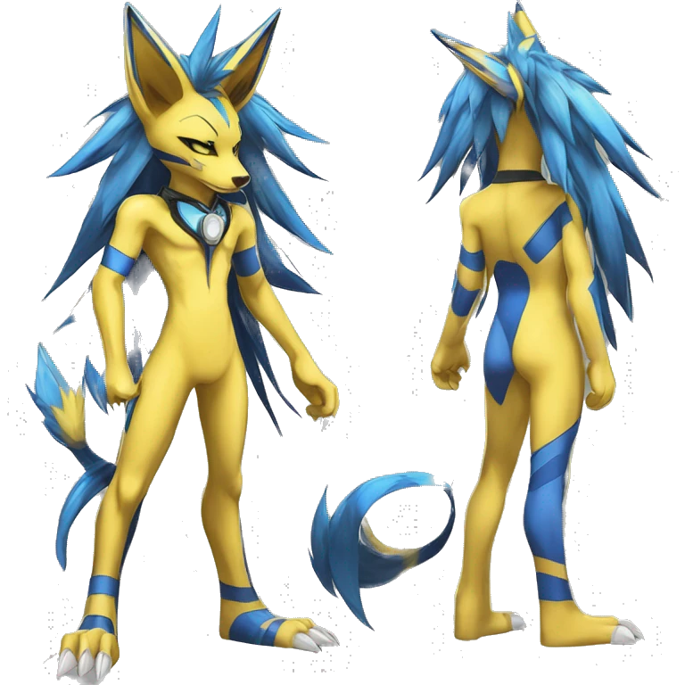 Yellow Anthro Edgy Cool Sonic-Zeraora-Anubis-Renamon-Jolteon-Pokémon-Fakémon with shiny blue stripes Full Body Detailed High Quality  emoji