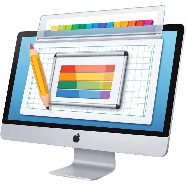 Professional emoji for Graphic Design: a computer screen displaying a design layout, vector shapes, a color palette, and design tools like a pencil and ruler. The icon should represent creativity and precision in graphic design. Transparent background. emoji