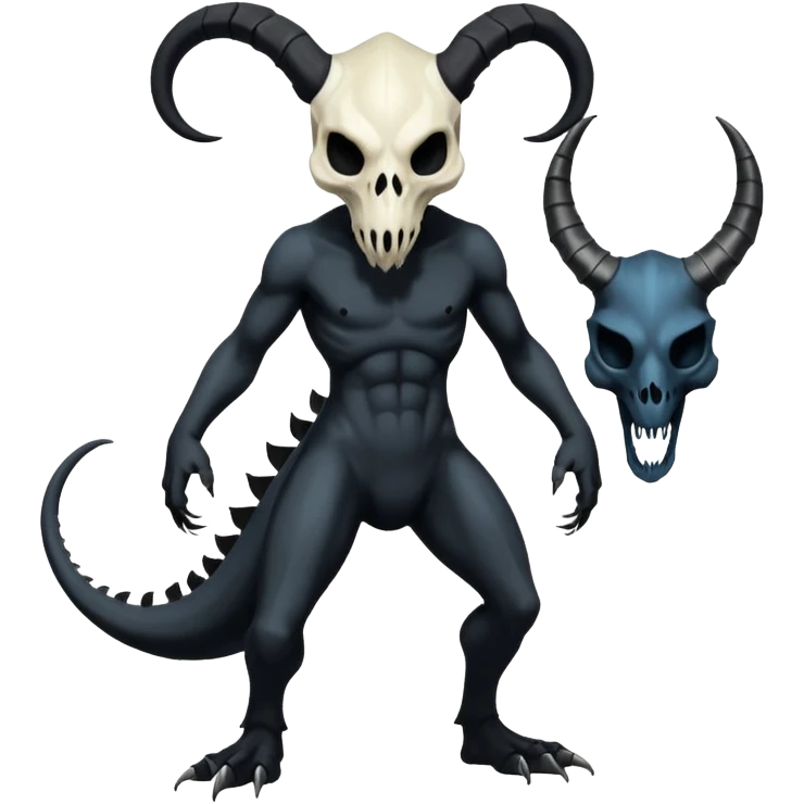 Shiny Dark Edgy  Duskull-Salandit-Inteleon-Fakémon-hybrid-creature (full body) with a horned animal-skull-mask emoji